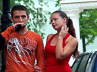 Lucky guy, his girlfriend is a bombshell! That extra mini red skirt and tightest top with low decolette line to show downblouse cleavage!